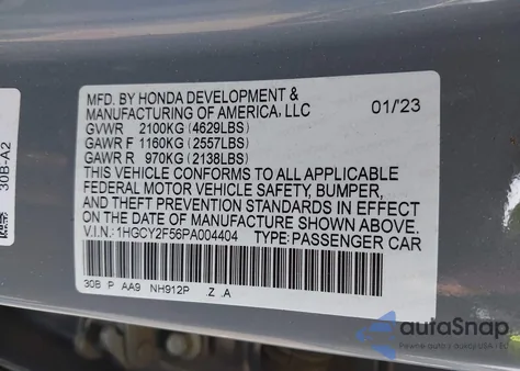 2023 Honda Accord Hybrid Sport из США, поврежденный, VIN 1HGCY2F56PA004404